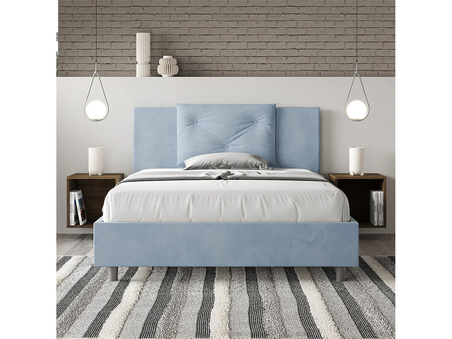 Lit double coffre rembourré 140x190 microfibre bleu clair Appia