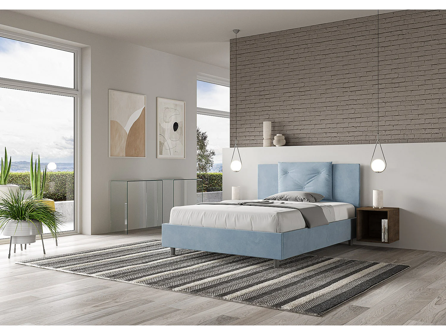 Lit double coffre rembourré 140x190 microfibre bleu clair Appia