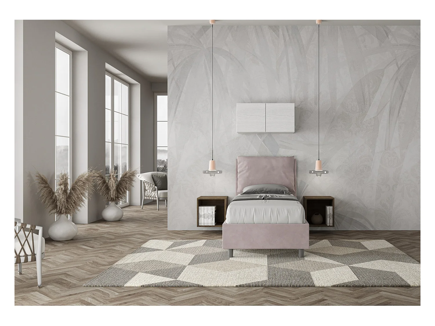 Lit adulte moderne avec coussins rembourrés microfibre Anja-Couleur Rose clair-90x190-Option Avec coffre