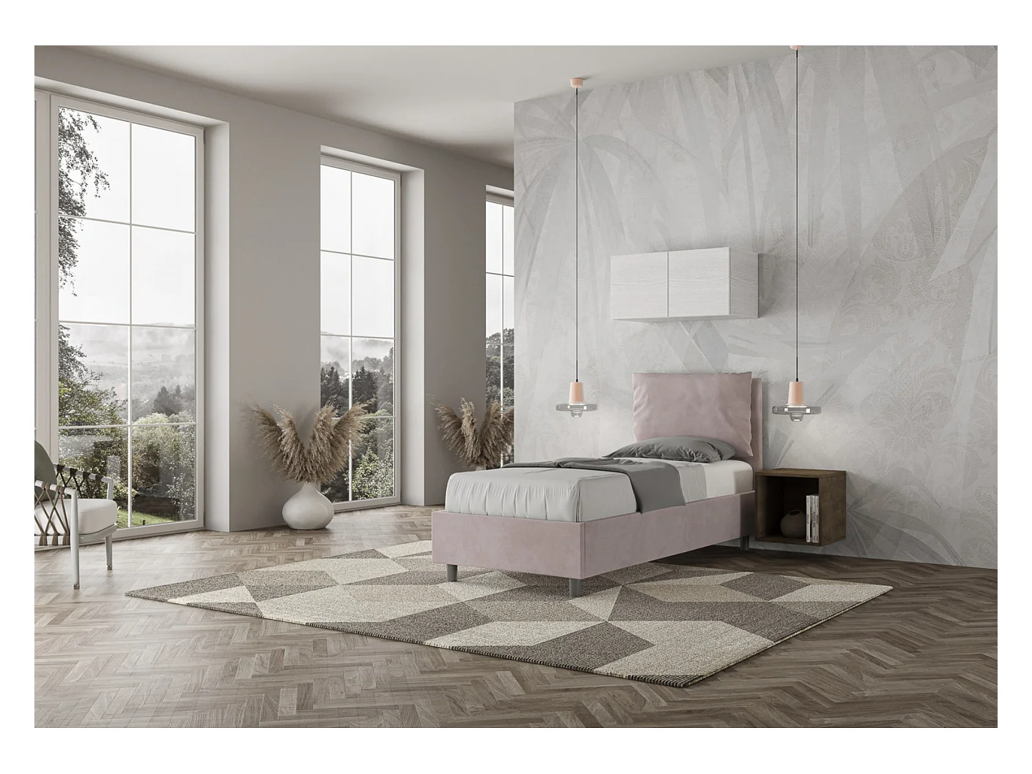 Lit adulte moderne avec coussins rembourrés microfibre Anja-Couleur Rose clair-90x190-Option Avec coffre