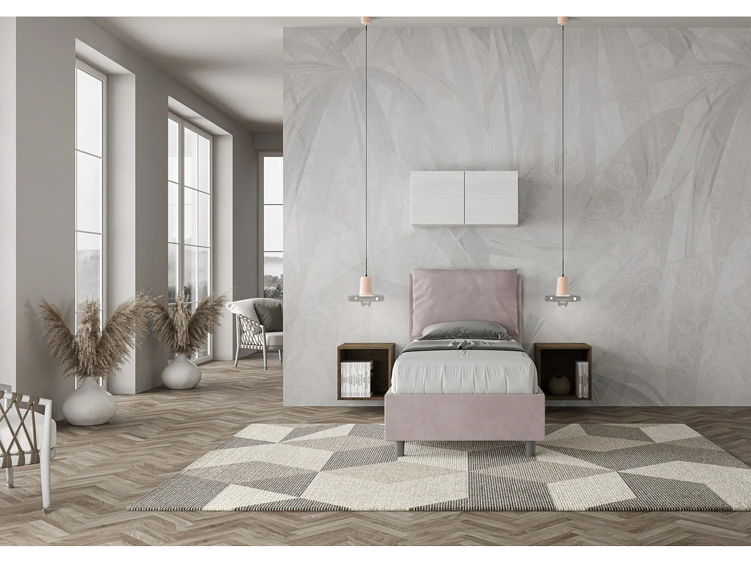 Modern bed voor volwassenen met Anja microvezelkussens-Kleur Lichtroze-Slapen 90x190cm-Keuze Met kofferbak