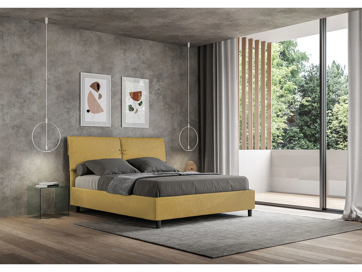 Modern bed voor volwassenen, bekleed met microvezel Viena-Kleur Kerrie geel-Slapen 160x200cm-Keuze Met kofferbak