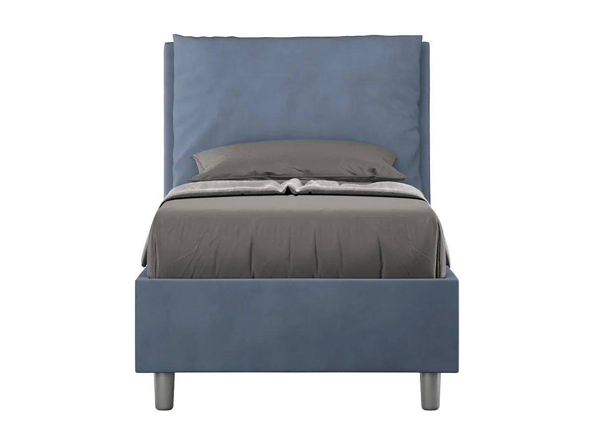 Cama para adultos moderna con cojines acolchados de microfibra Anja.-Color Azul oscuro-Ropa de cama 90x190 cm-Opción Con base y caja