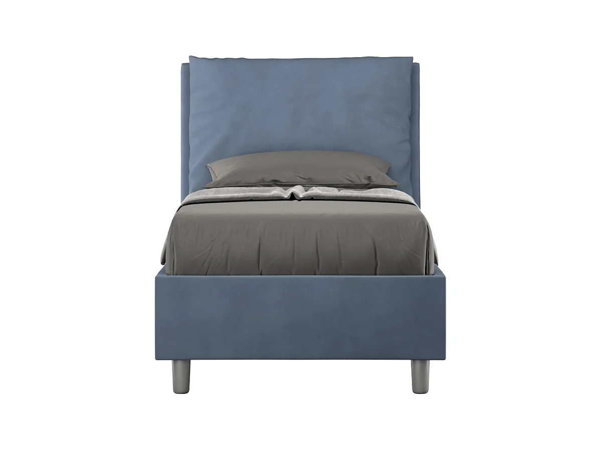 Lit adulte moderne avec coussins rembourrés microfibre Anja-Couleur Bleu foncé-90x190-Option Avec coffre