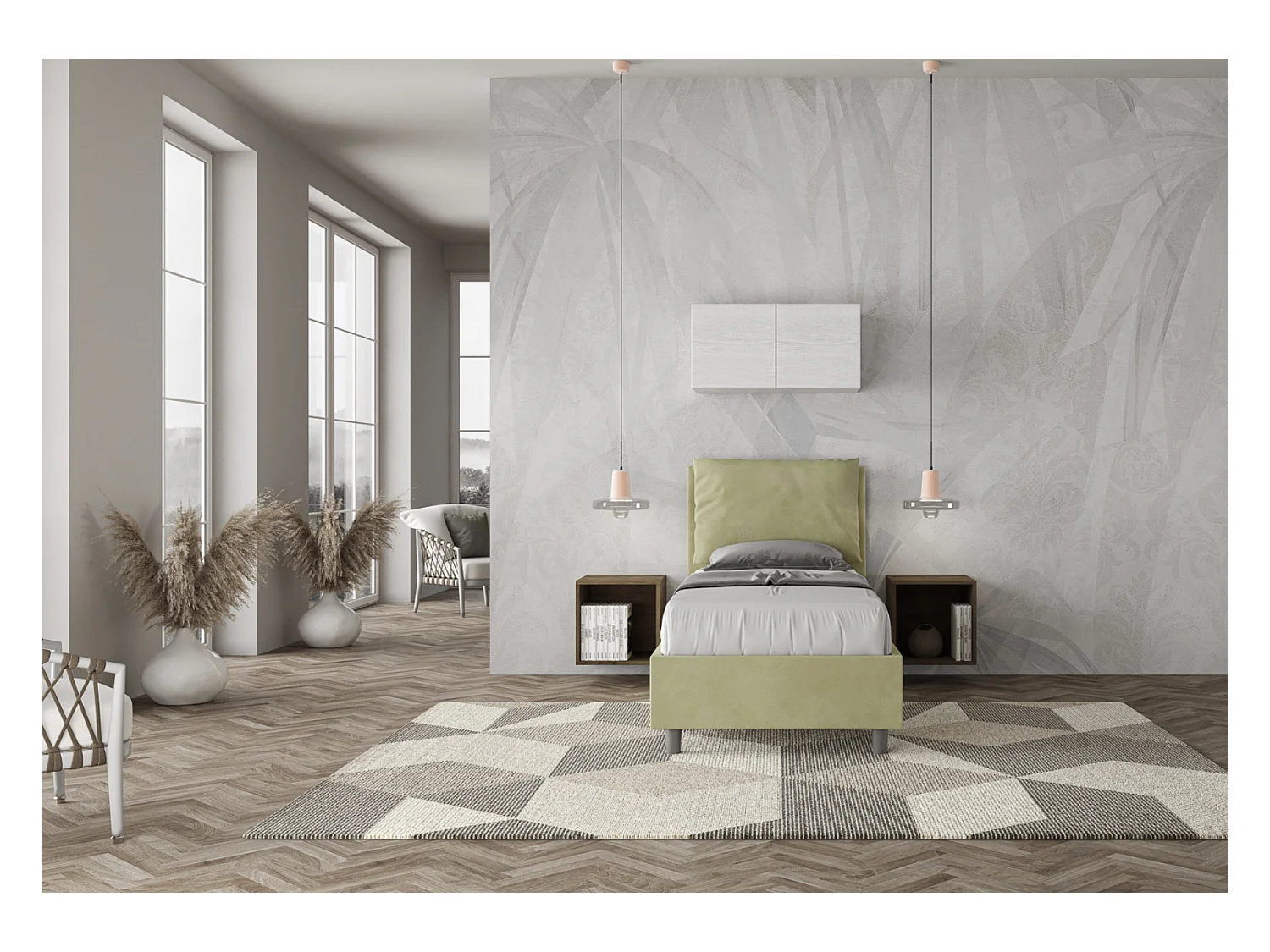 Modern bed voor volwassenen met Anja microvezelkussens-Kleur Groen kaki-Slapen 90x190cm-Keuze Met kofferbak