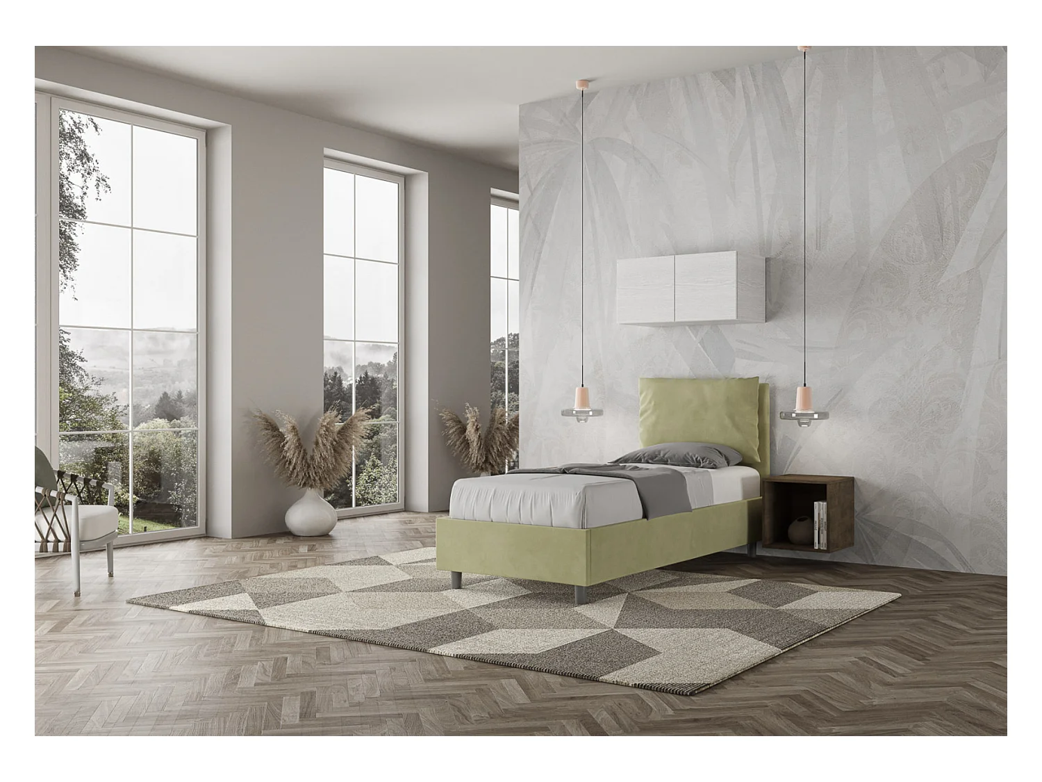 Modern bed voor volwassenen met Anja microvezelkussens-Kleur Groen kaki-Slapen 90x190cm-Keuze Met kofferbak