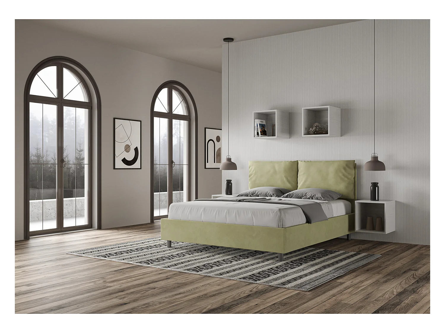 Modern bed voor volwassenen met Anja microvezelkussens-Kleur Groen kaki-Slapen 90x190cm-Keuze Met kofferbak