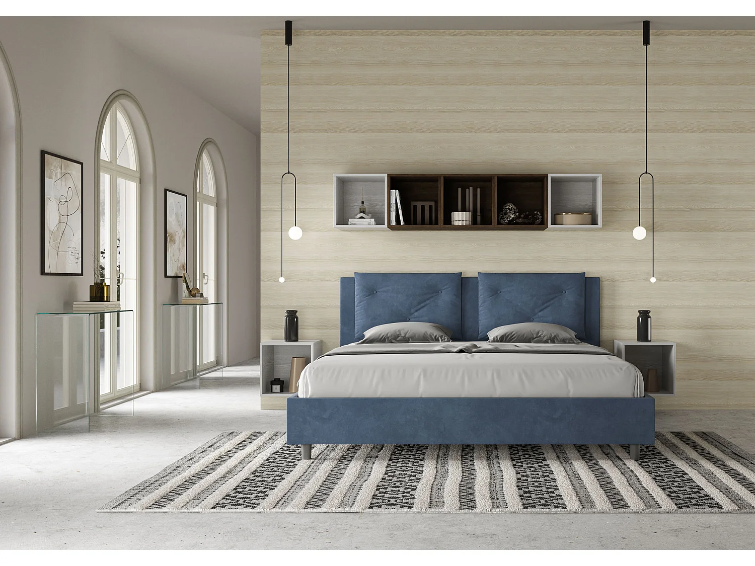 Cama para adultos moderna con cojines acolchados de microfibra Anja.-Color Azul oscuro-Ropa de cama 180x200 cm-Opción Con base y caja