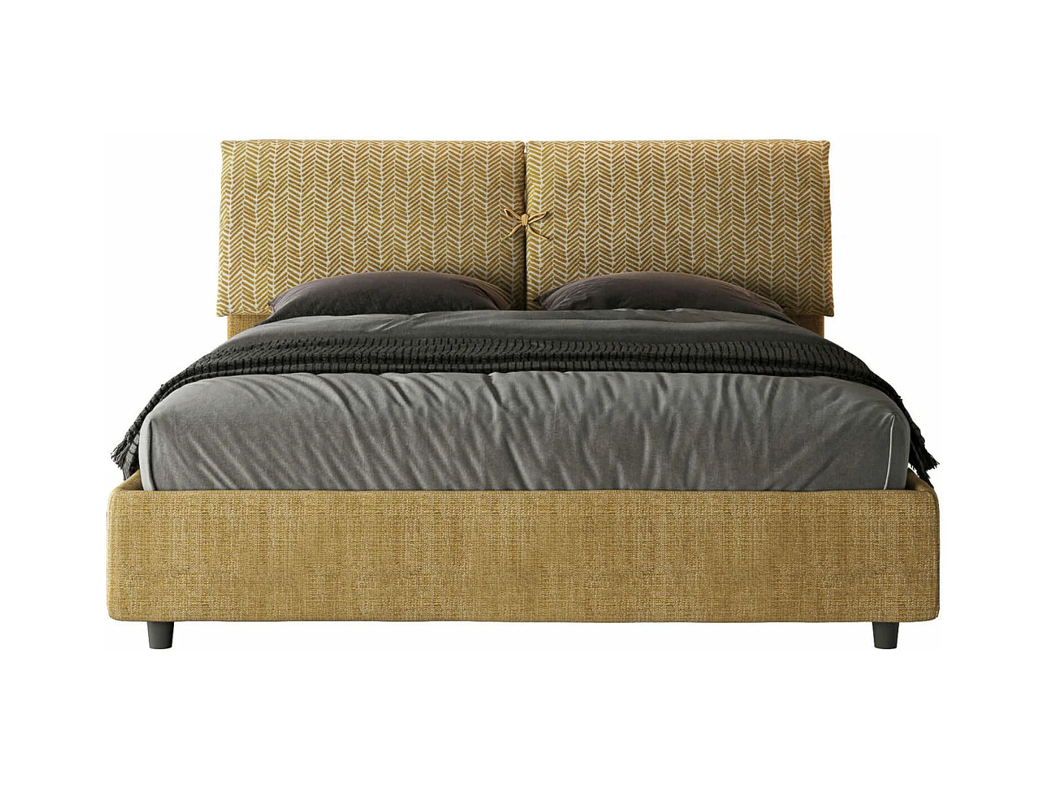 Lit double grands coussins tête de lit rembourré tissu tapissé Viena-Couleur Jaune moutarde-160x200-Option Avec coffre