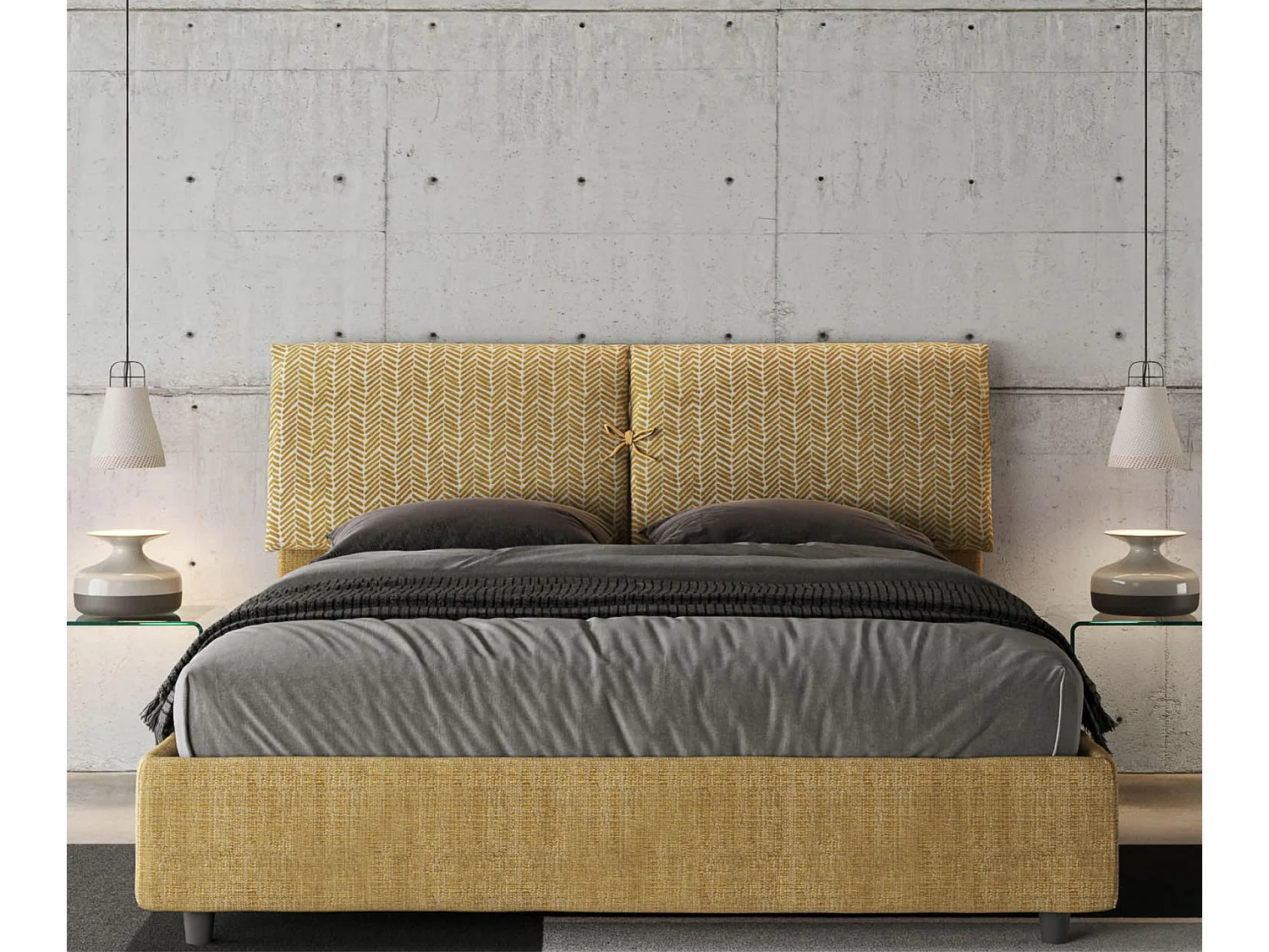 Lit double grands coussins tête de lit rembourré tissu tapissé Viena-Couleur Jaune moutarde-160x200-Option Avec coffre