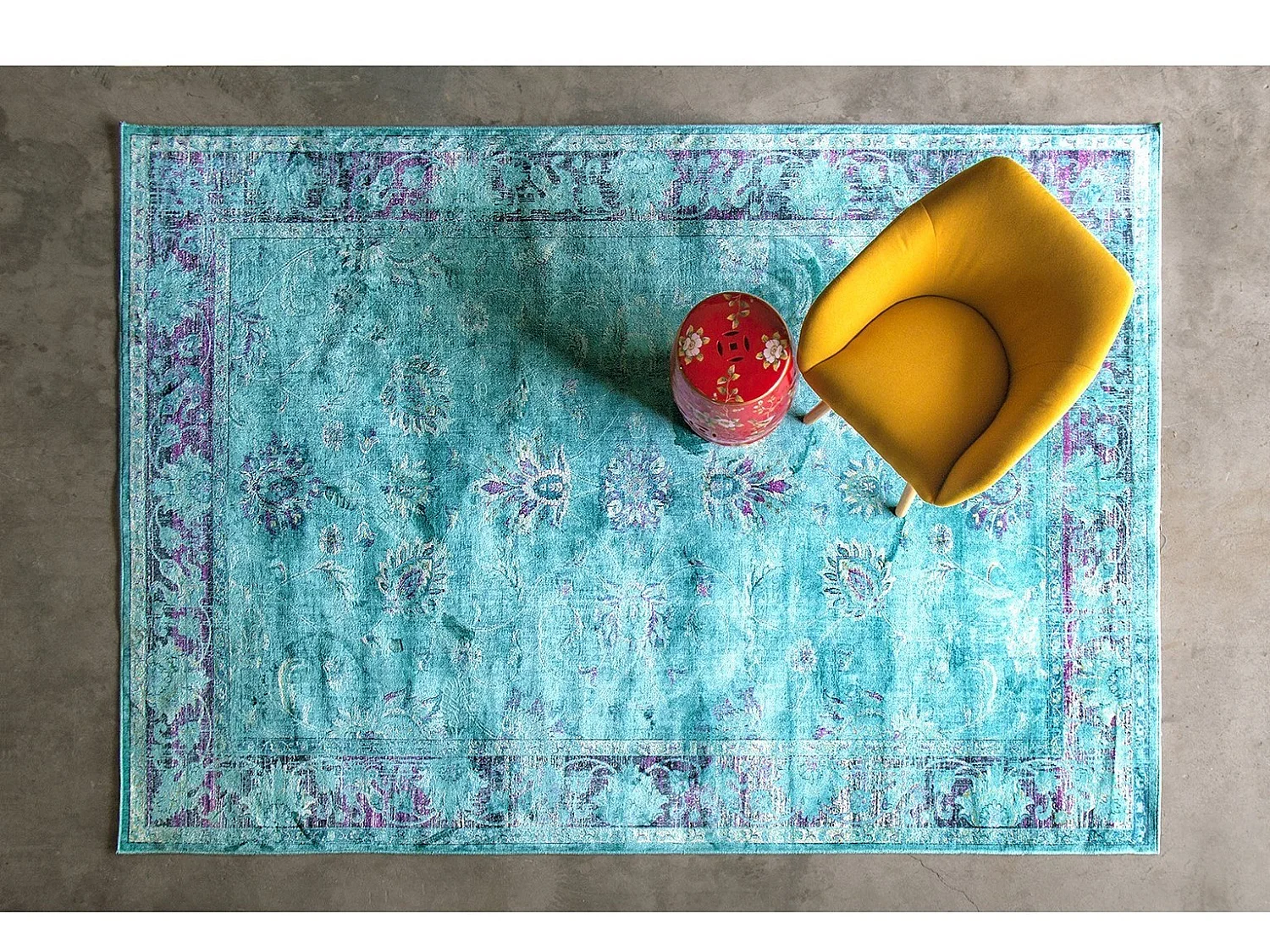 Tapis classique en viscose turquoise bordé Sofa 230