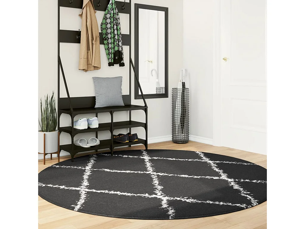 Vloerkleed PAMPLONA shaggy hoogpolig Ø 200 cm zwart en crème