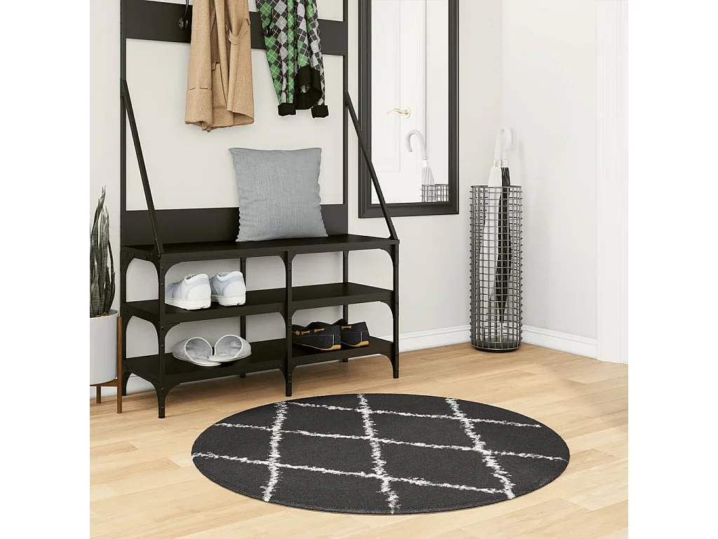 Tapis shaggy à poils longs moderne noir et crème Ø 100cm