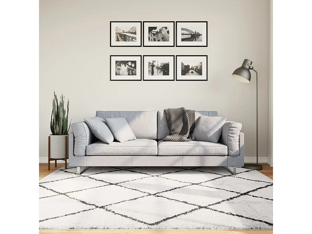 Tapis shaggy à poils longs moderne crème et noir 200x200
