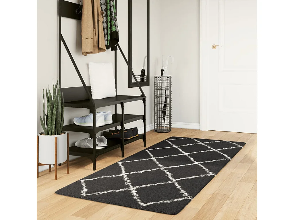 Tapis shaggy à poils longs moderne noir et crème 80x200