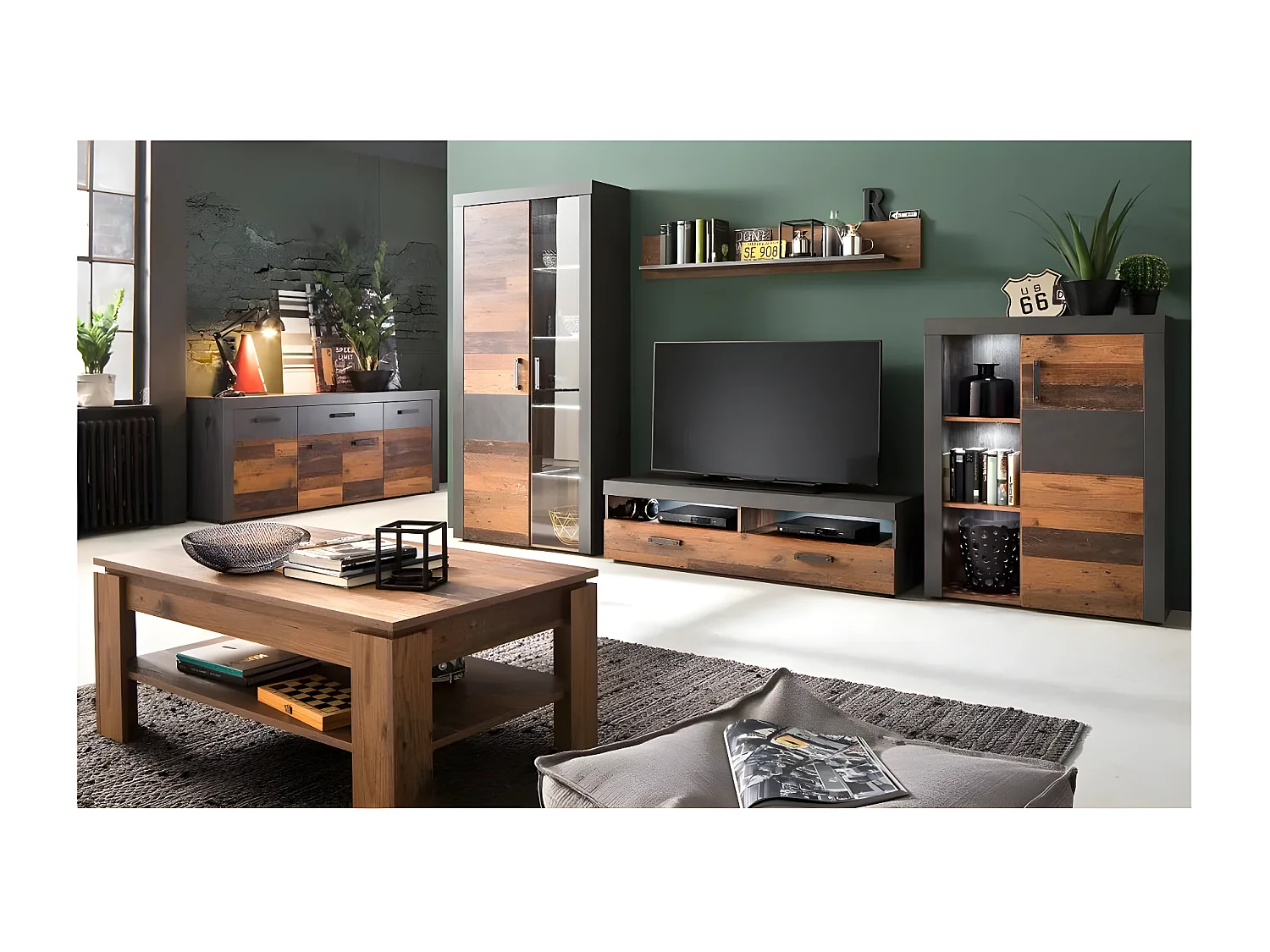 Ensemble meuble TV 2 pièces mélaminé chêne foncé et gris Orcel