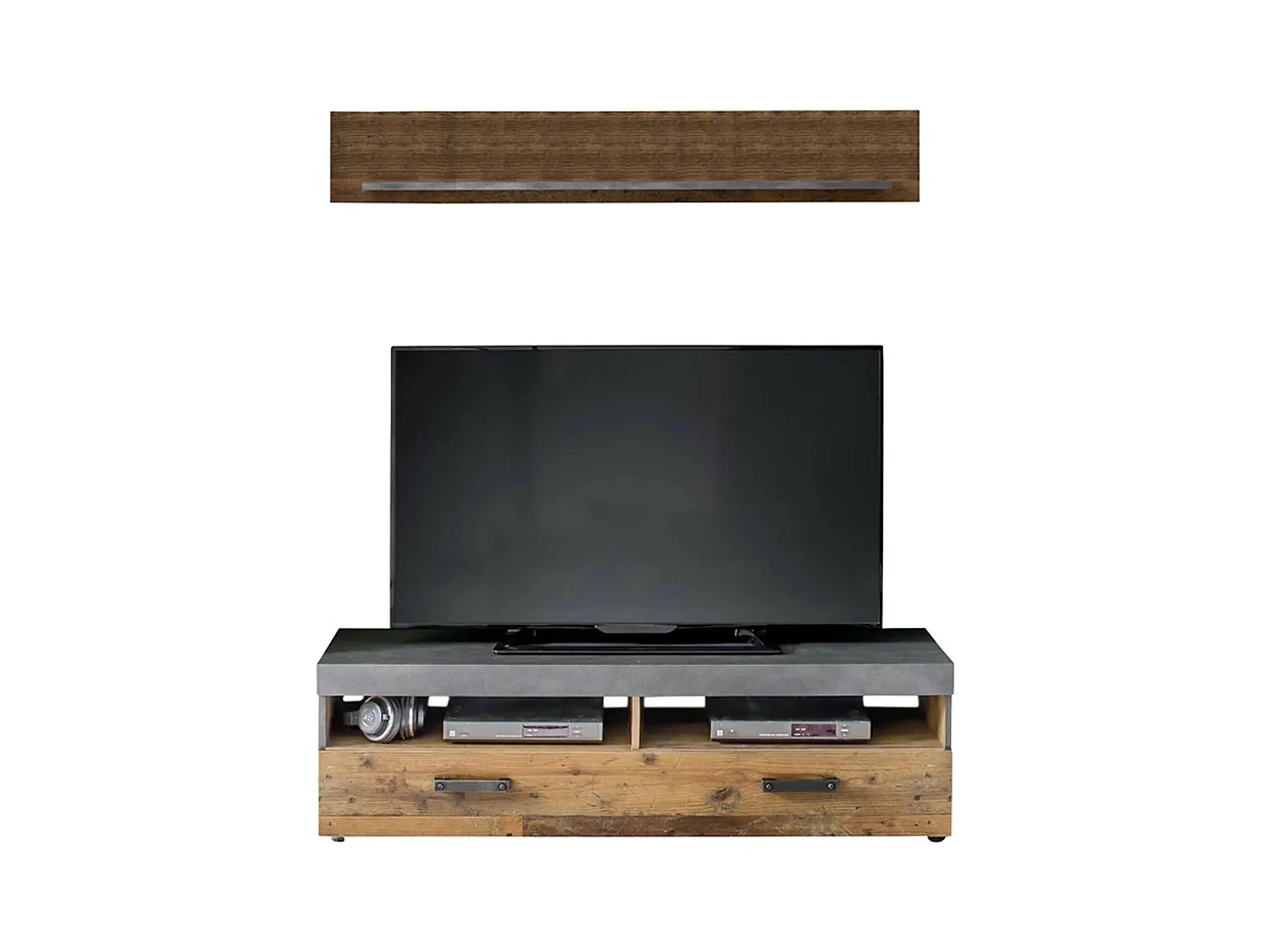Ensemble meuble TV 2 pièces mélaminé chêne foncé et gris Orcel