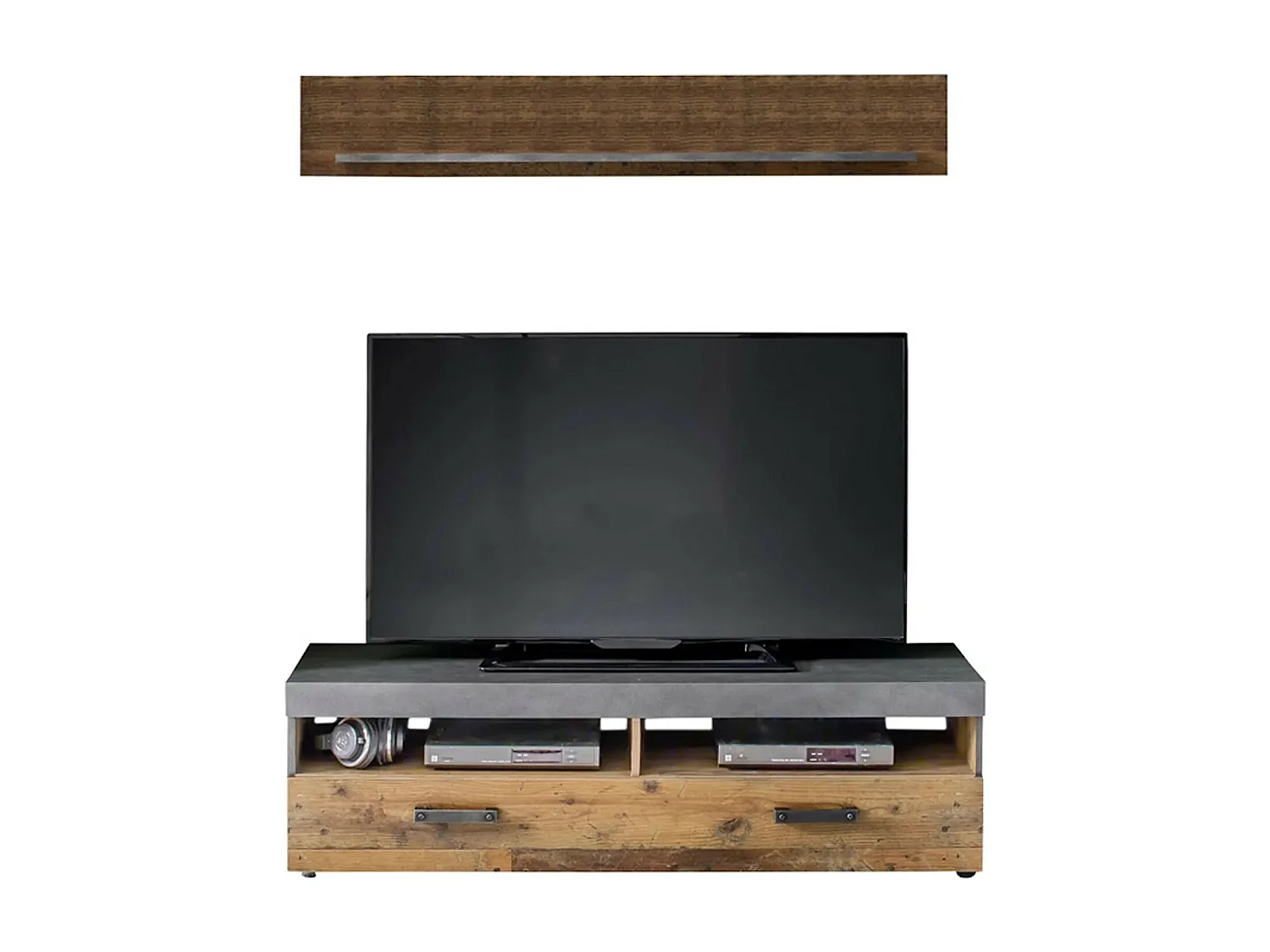 Ensemble meuble TV 2 pièces mélaminé chêne foncé et gris Orcel