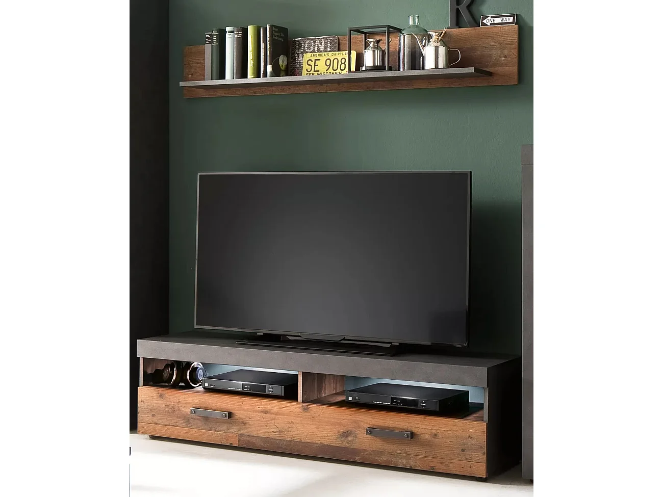 Ensemble meuble TV 2 pièces mélaminé chêne foncé et gris Orcel