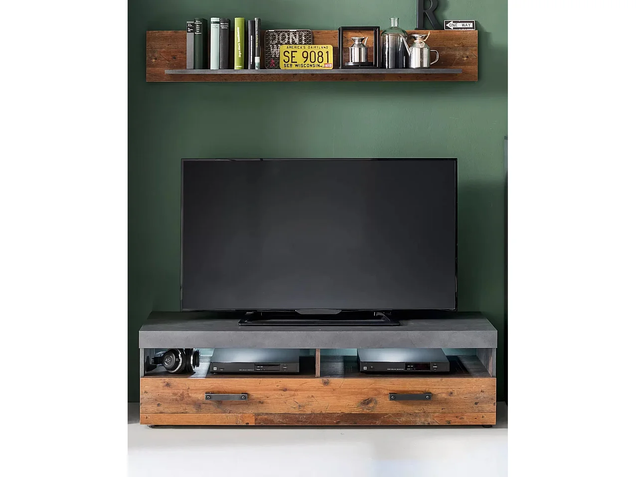 Ensemble meuble TV 2 pièces mélaminé chêne foncé et gris Orcel