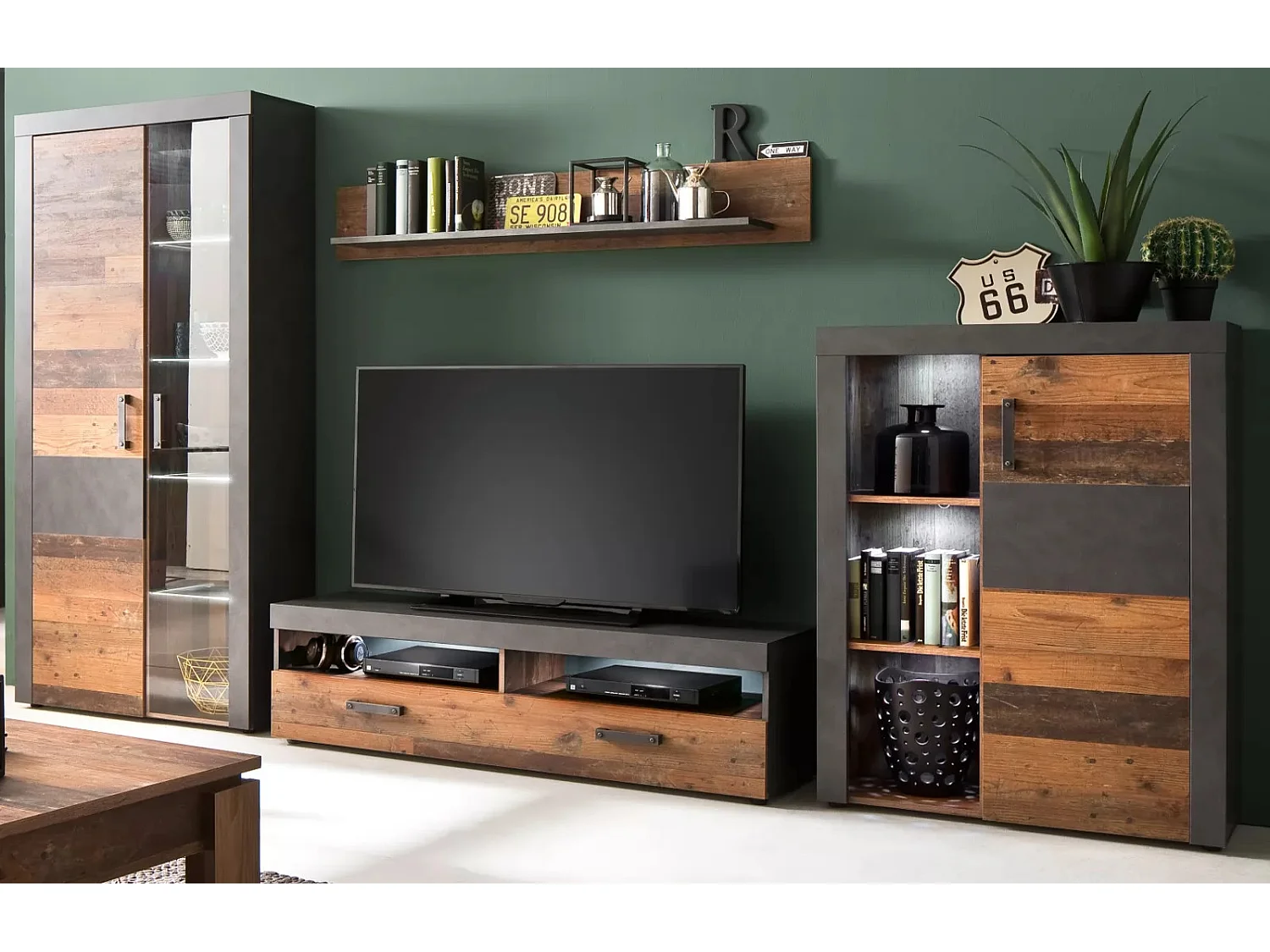 Ensemble meuble TV 2 pièces mélaminé chêne foncé et gris Orcel