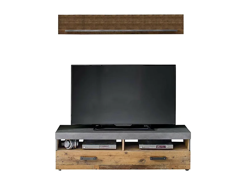 Ensemble meuble TV 2 pièces mélaminé chêne foncé et gris Orcel