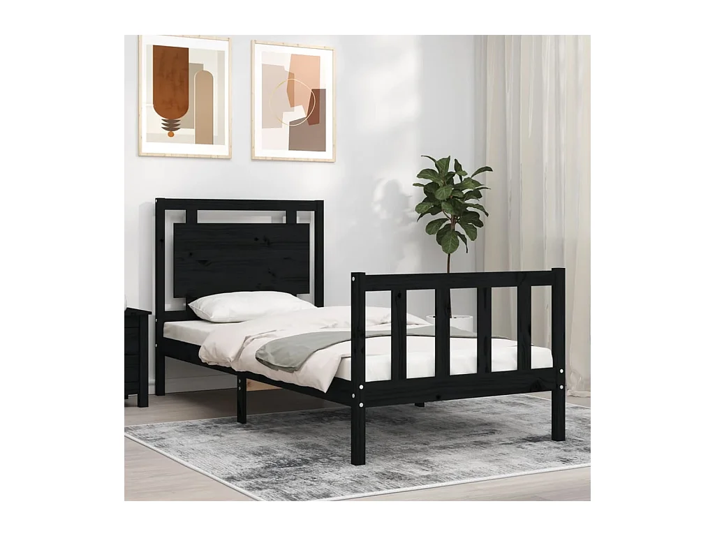 Bedframe met hoofdeinde massief hout zwart 90x190 cm