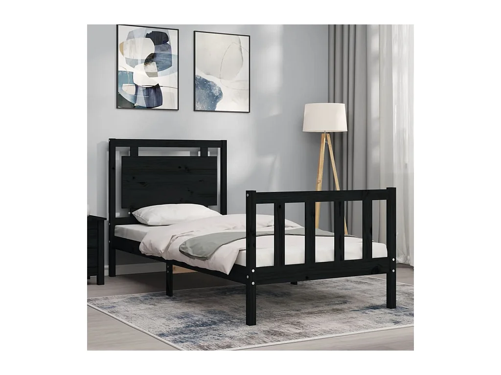 Bedframe met hoofdeinde massief hout zwart 90x190 cm
