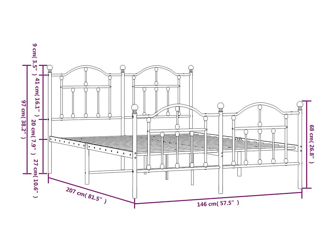 Cadre de lit métal avec tête de lit-pied de lit blanc 140x200