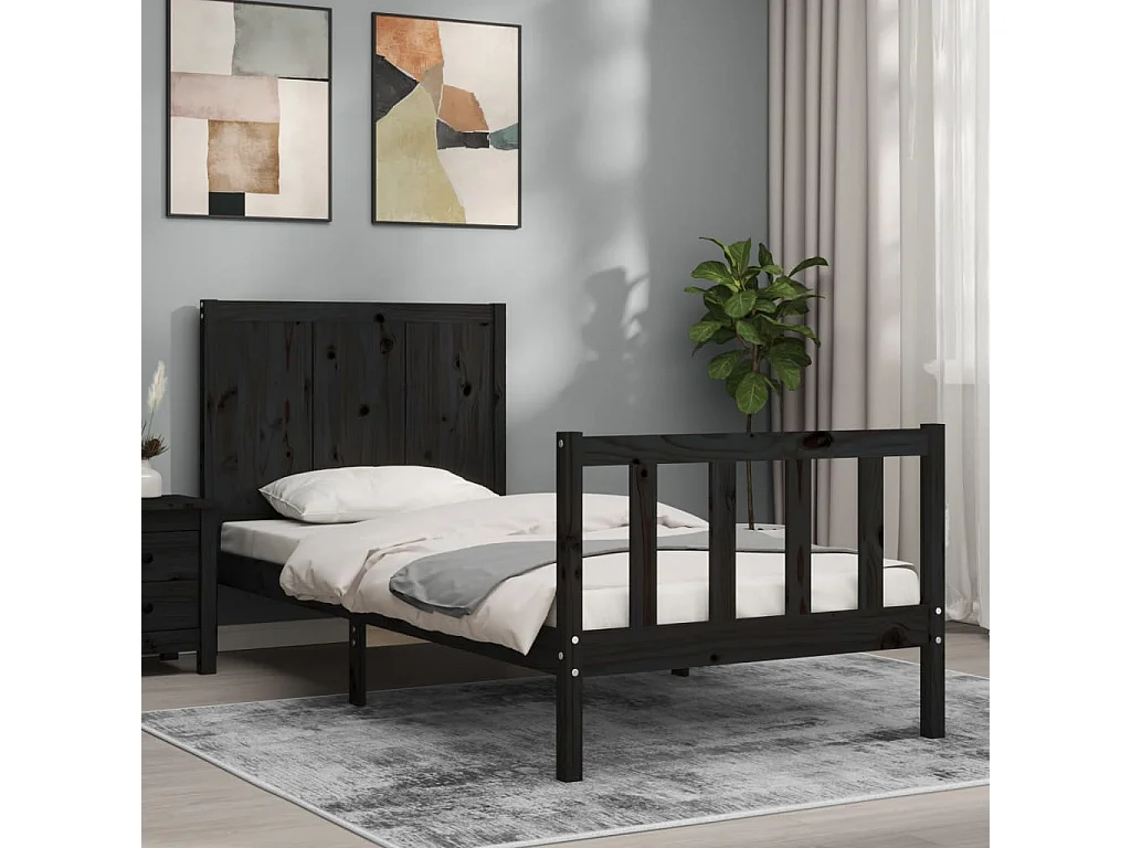 Cadre de lit avec tête de lit noir simple bois massif
