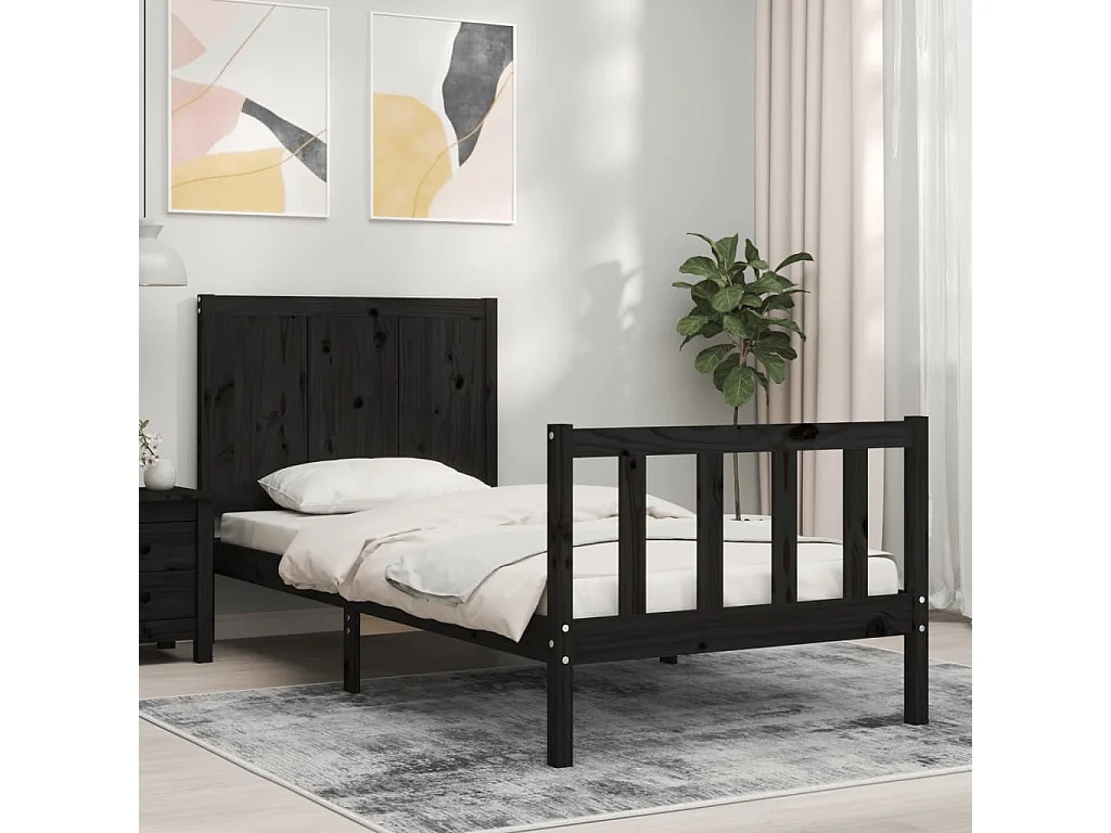 Cadre de lit avec tête de lit noir simple bois massif