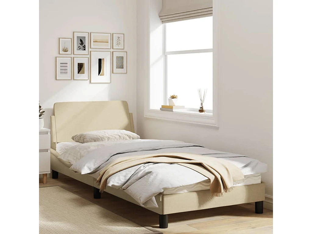 Estructura de cama con cabecero de tela color crema 80x200 cm