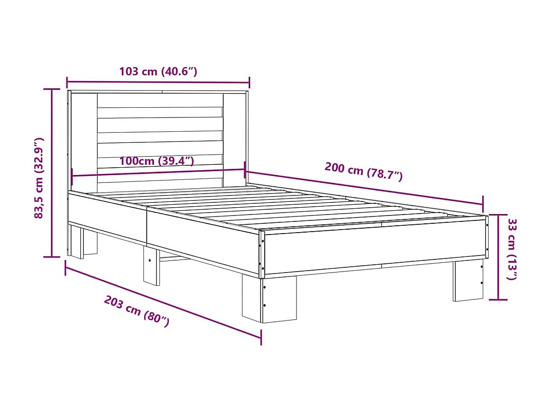 Bedframe bewerkt hout en metaal grijs sonoma eiken 100x200 cm