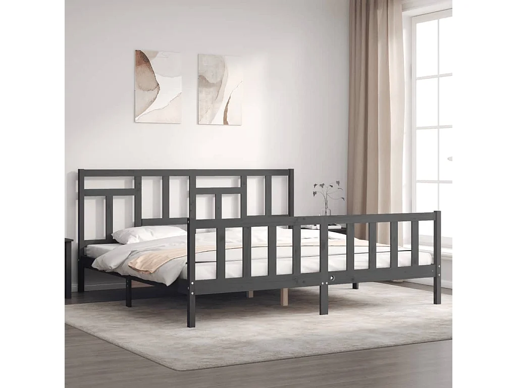 Cadre de lit avec tête de lit gris 200x200 bois massif