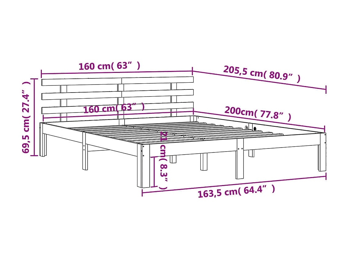 Cadre de lit et tête de lit marron 160x200 bois de pin