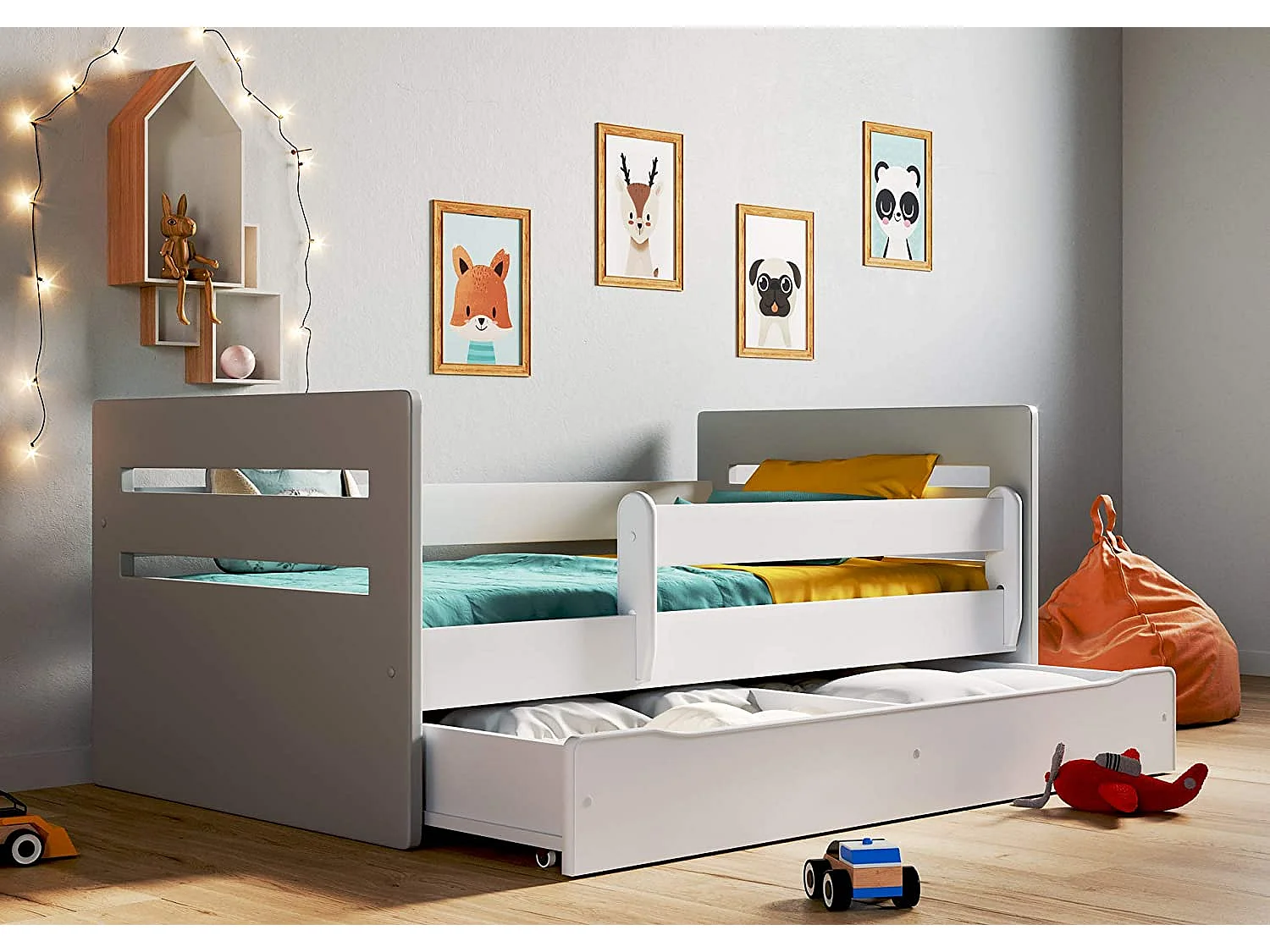 Lit enfant avec barrière de sécurité amovible blanc et gris Moly-Matelas mousse-80x160