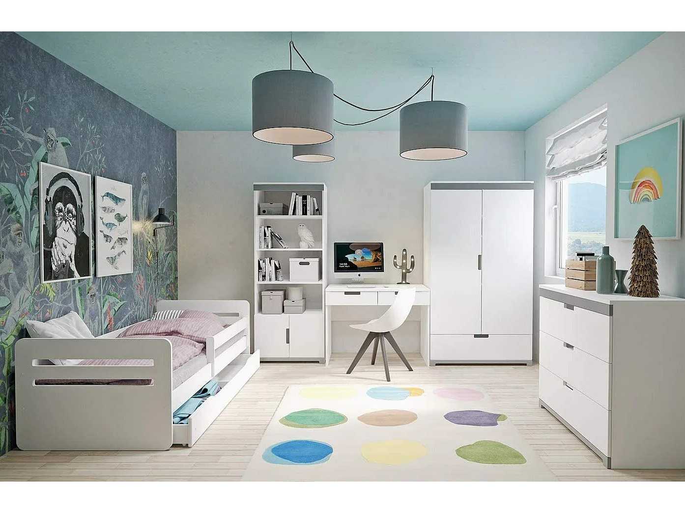 Lit enfant avec barrière de sécurité amovible blanc et gris Moly-Matelas mousse-80x160