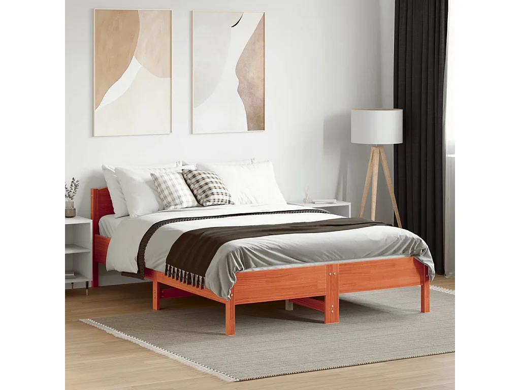 Cadre de lit et tête de lit marron 135x190 bois de pin