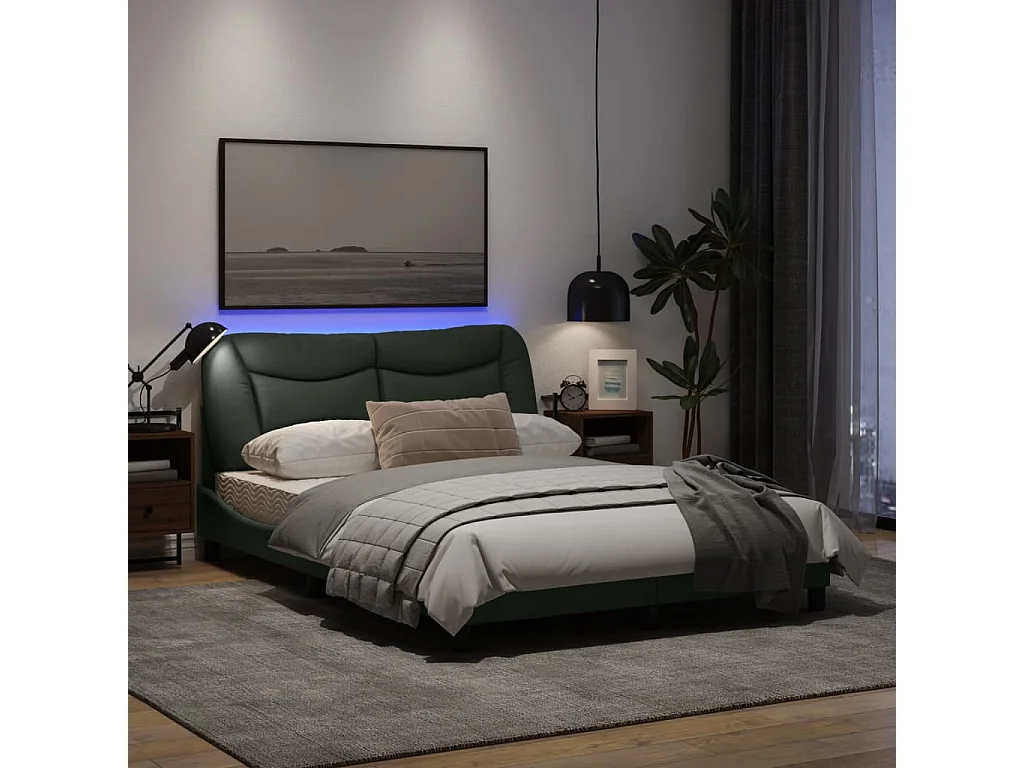 Cadre de lit avec lumières LED gris foncé 140x200 tissu