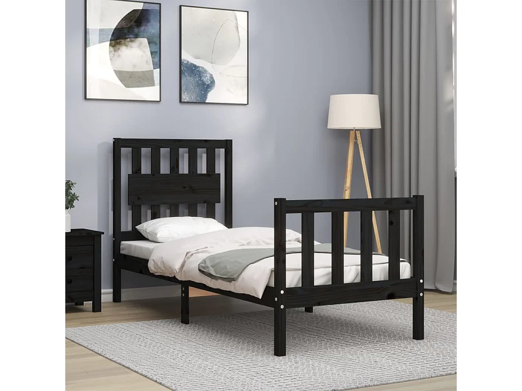 Cadre de lit avec tête de lit noir petit simple bois massif