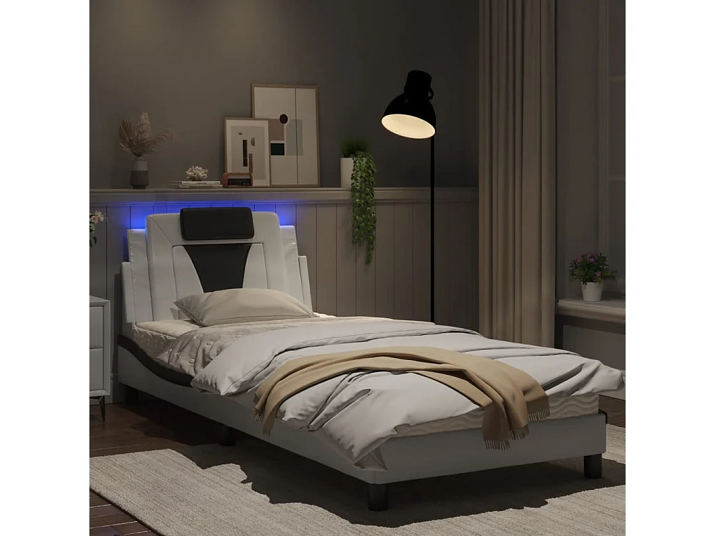 Cadre de lit avec lumières LED blanc noir 90x190 similicuir