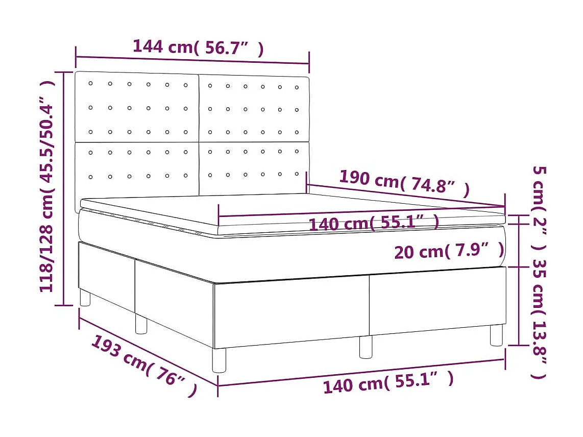 Lit à sommier tapissier et matelas Gris clair 140x190 Velours