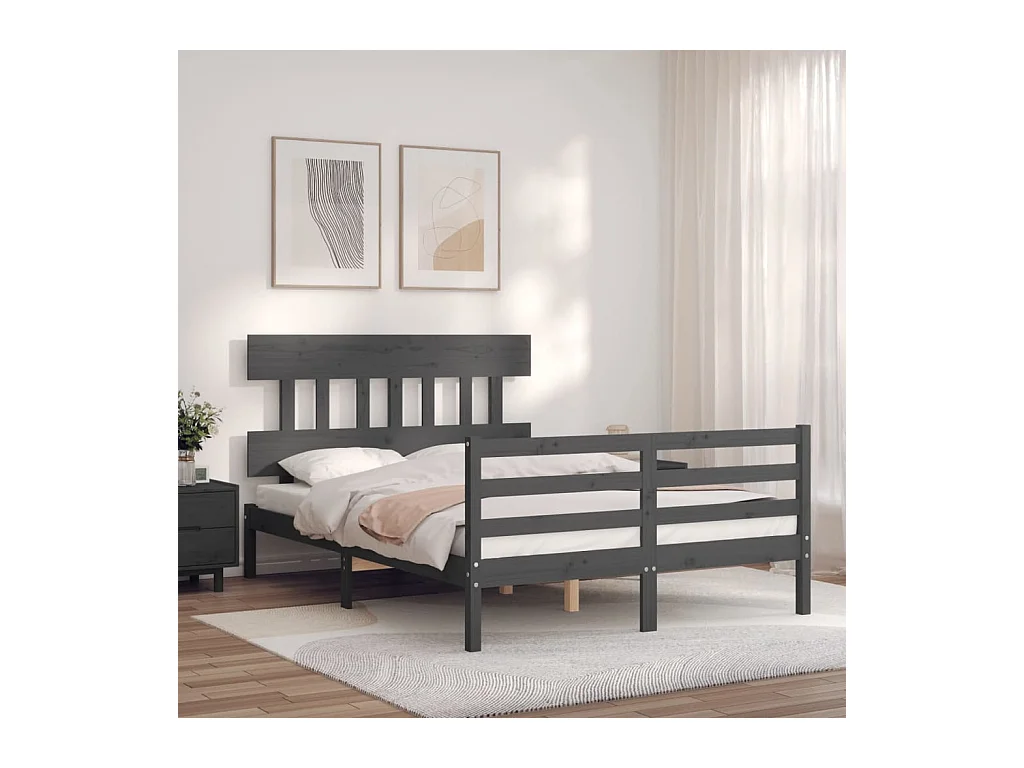 Cadre de lit avec tête de lit gris 140x190 bois massif