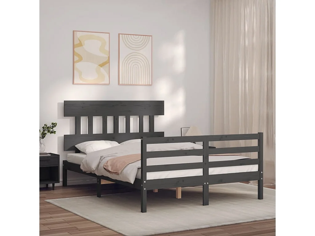 Cadre de lit avec tête de lit gris 140x190 bois massif