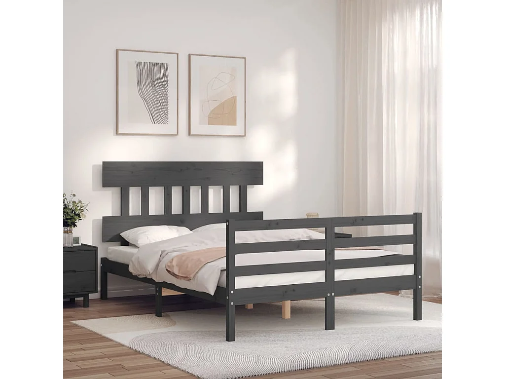 Cadre de lit avec tête de lit gris 140x190 bois massif