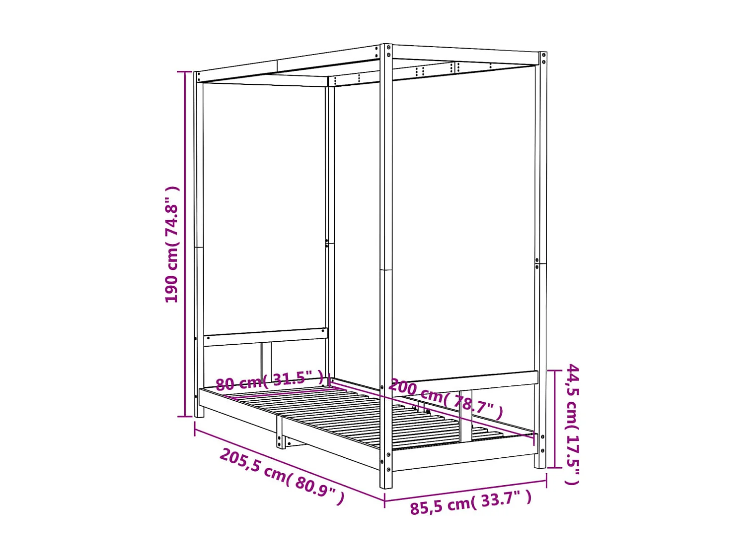 Cadre de lit pour enfants noir 80x200 bois de pin massif