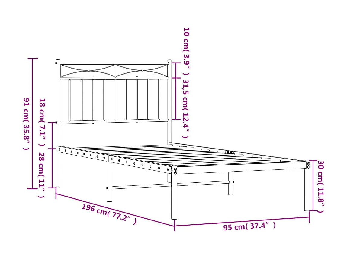 Cadre de lit métal avec tête de lit noir 90x190