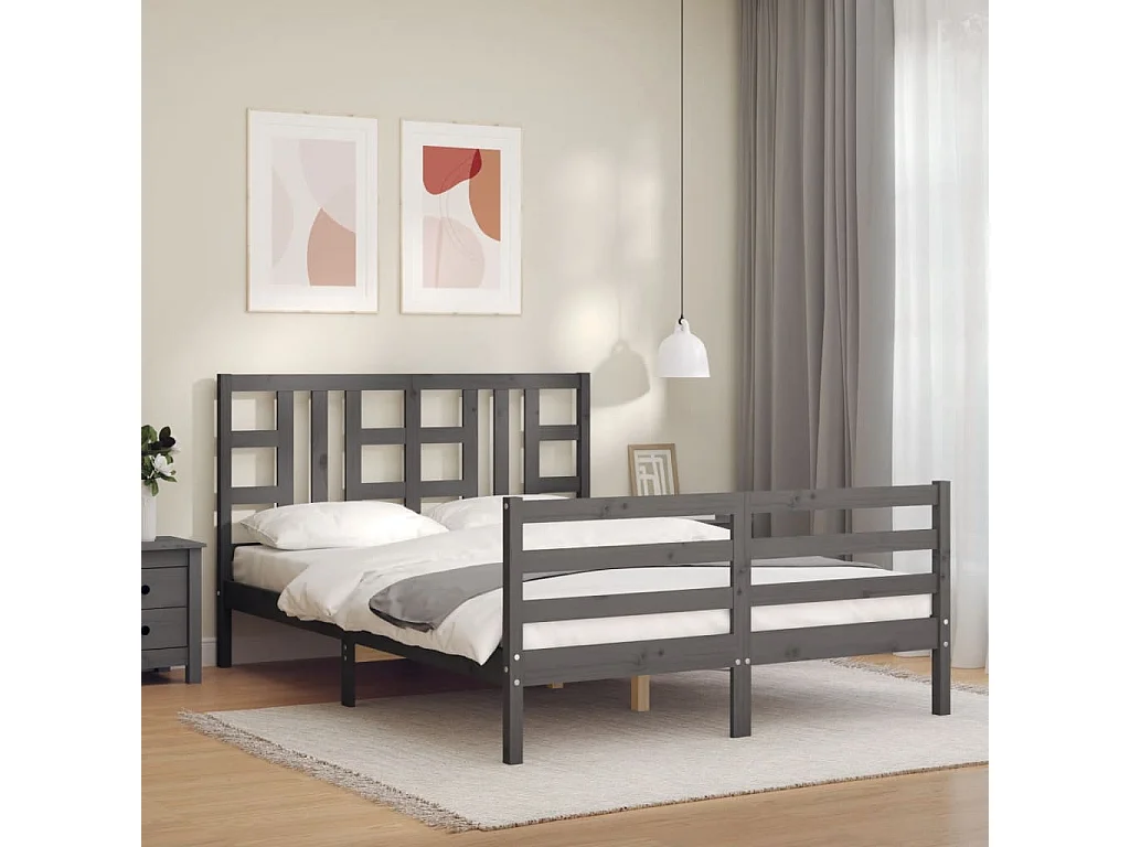 Cadre de lit avec tête de lit gris 140x190 bois massif