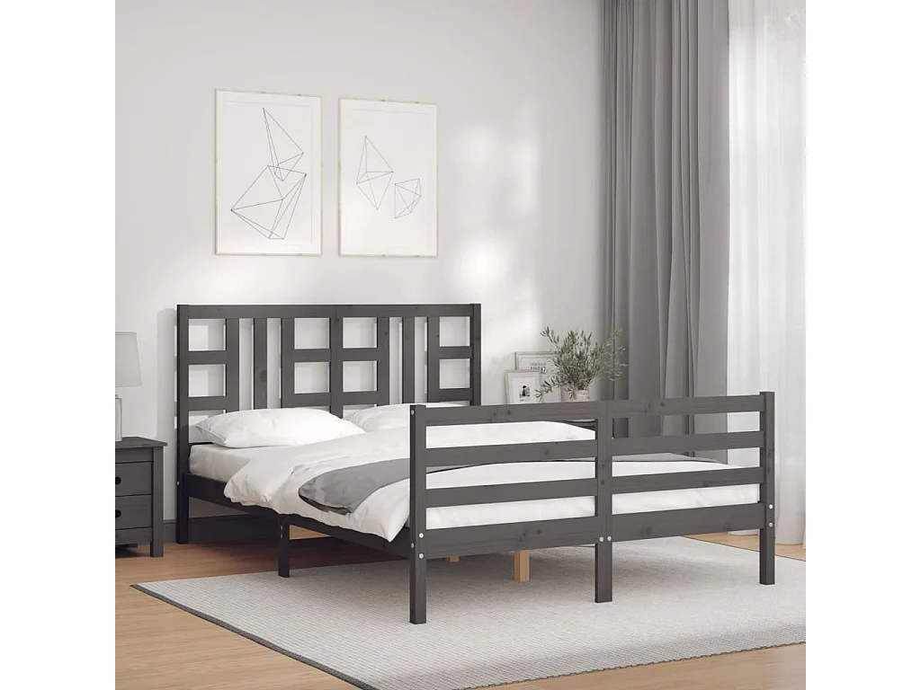 Cadre de lit avec tête de lit gris 140x190 bois massif