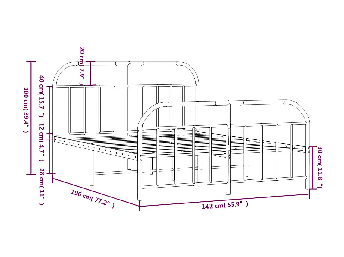 Cadre de lit métal avec tête de lit-pied de lit noir 135x190